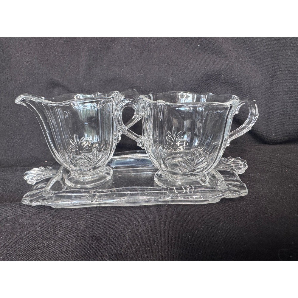 Vintage‎ Clear Pressed Glass Creamer Sugar Set with Rectangular Tray 3 Piece